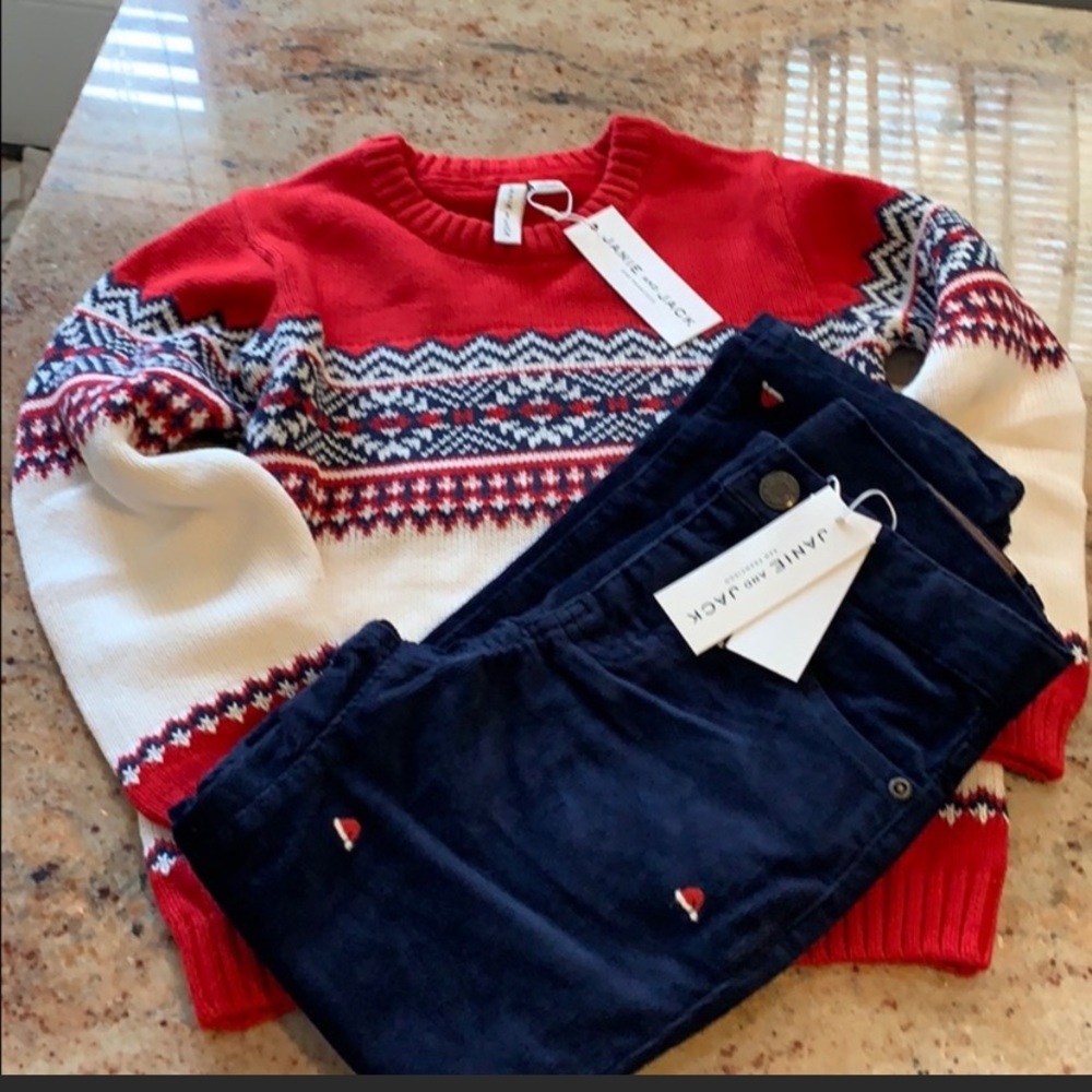 New Santa hat corduroy pants & fair Isle pullover.